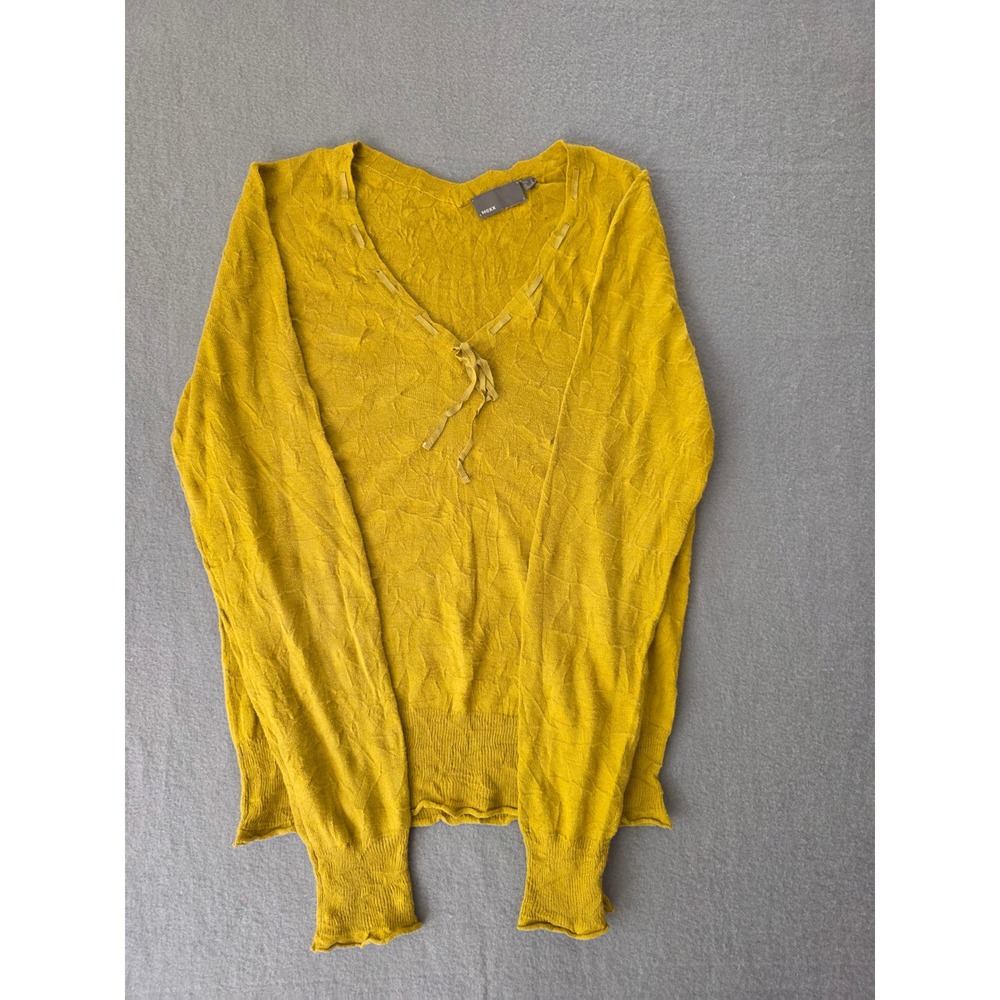 Mexx Mustard Yellow Crinkle Knit V-Neck Ribbon Tie Top Long Sleeve Small